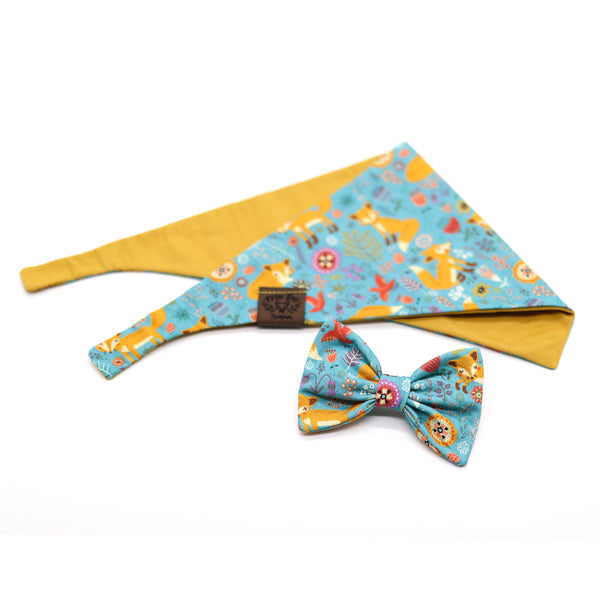 Hundehalstuch und Fliege mit Füchsen und Blumen