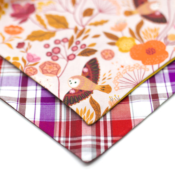 Hundehalstücher rot lila kariert und rosa mit Eulen